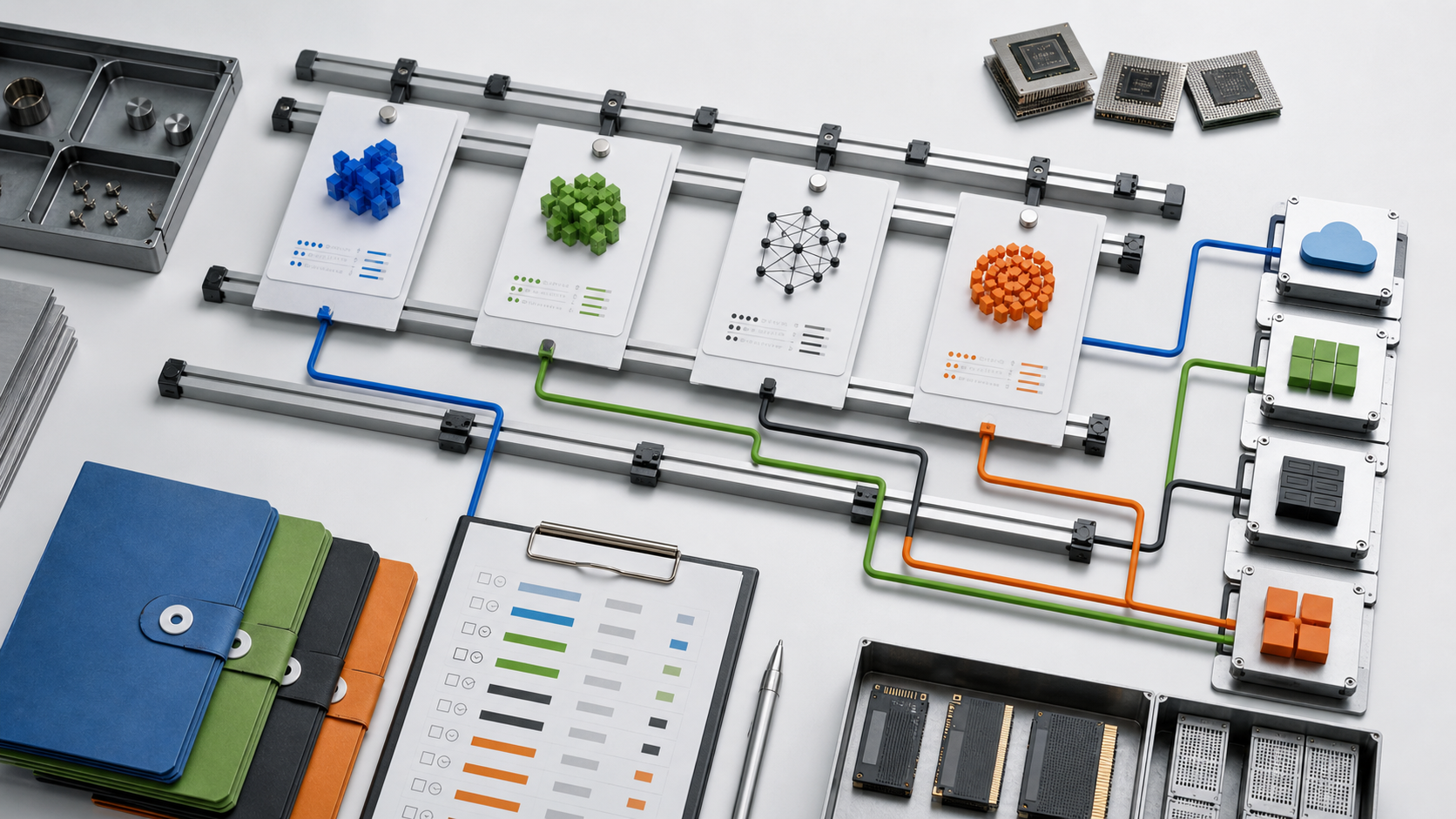 Decision workbench with model cards, hardware chips, license folders, and deployment rails.